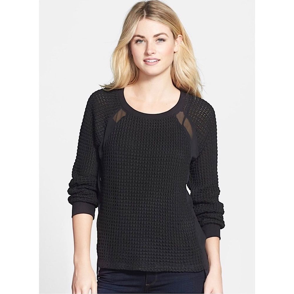 Sanctuary Top Black Mixed Media Sweater Knit with Chiffon Back Size M